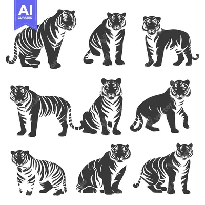 Popular premium asset: A Collection of Nine Stylized Black and White Tiger Silhouettes