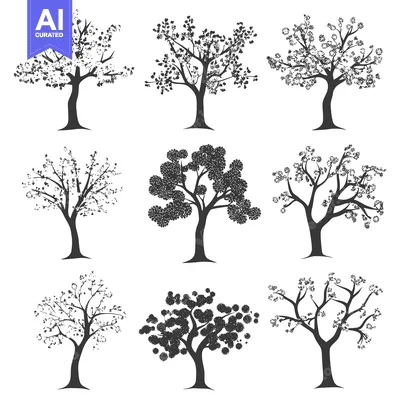 Aset desain premium: A Collection of Nine Stylized Black and White Tree Silhouettes