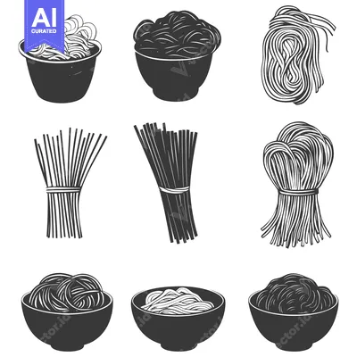 A Collection of Nine Stylized Noodle Illustrations