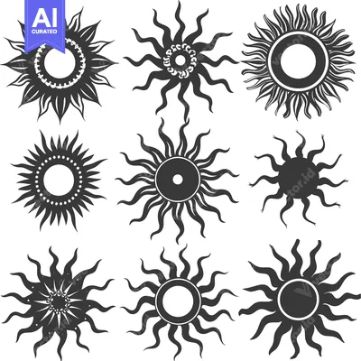 A Collection of Nine Stylized Sun Designs with Varying Ray Shapes and