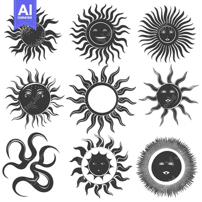 A Collection of Nine Stylized Sun Symbols with Different Faces and Ray