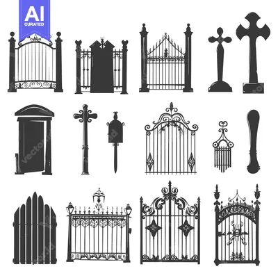 Aset desain premium: A Collection of Ornamental Gates and Cemetery Objects Silhouettes