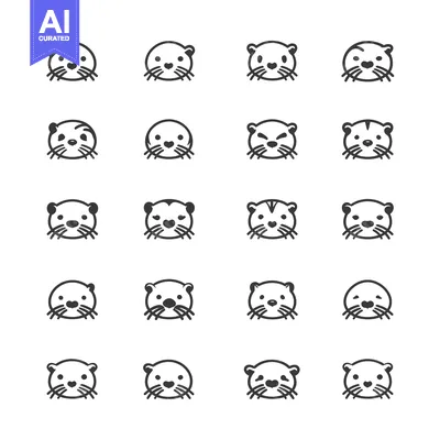 Aset premium populer: A Collection of Otter Face Icons with Various Expressions