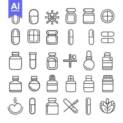 Premium design asset: A Collection of Pill and Bottle Icons in Outline Style