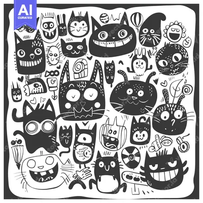 Popular premium asset: A Collection of Playful Black and White Cat Illustrations