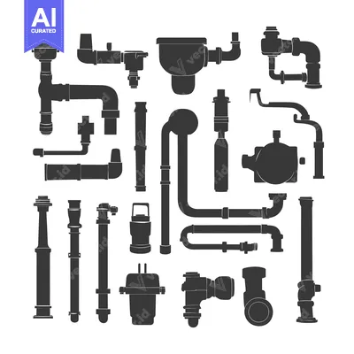 Aset premium populer: A collection of plumbing pipes, fittings and valves in black silhouett