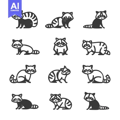 Aset desain premium: A Collection of Raccoon Illustrations in Various Poses