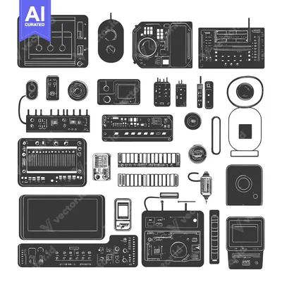 A Collection of Retro Technology Devices Illustrated in Black and Whit