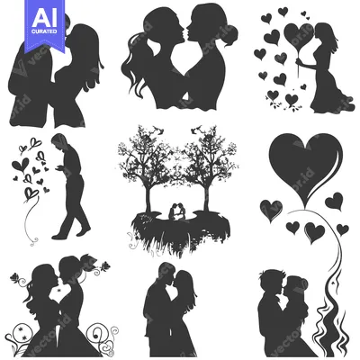 Aset premium populer: A Collection of Romantic Silhouettes Depicting Love and Affection