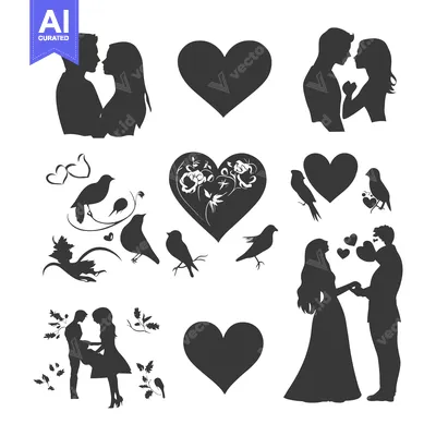 Aset premium populer: A Collection of Romantic Silhouettes with Hearts, Birds, and Couples