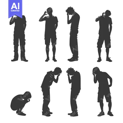 Aset premium populer: A collection of seven male silhouettes in various poses, depicting sad