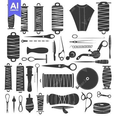 Aset desain premium: A collection of sewing and tailoring tools and accessories.
