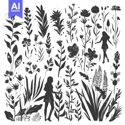 Aset desain premium: A Collection of Silhouetted Floral and Human Figures