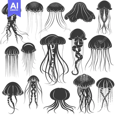 Aset desain premium: A Collection of Silhouetted Jellyfish with Various Shapes and Tentacle