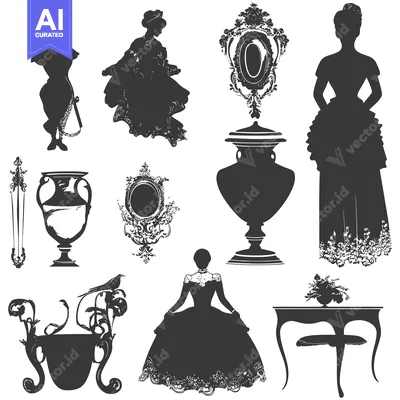 Aset premium populer: A Collection of Silhouette Illustrations Depicting Elegant Women, Orna