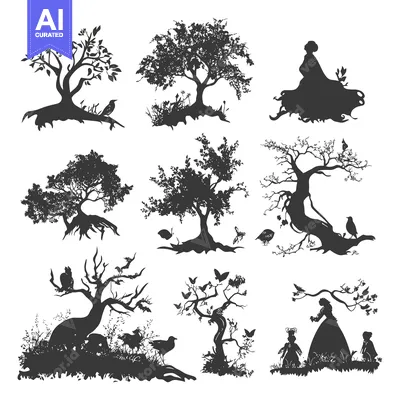 Premium design asset: A Collection of Silhouette Images Depicting Trees, Birds, and People i