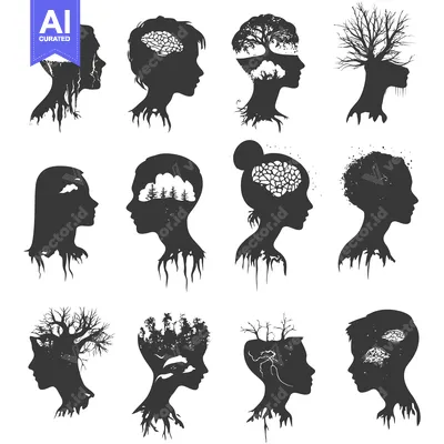 Aset desain premium: A Collection of Silhouette Portraits with Nature Inside Their Heads