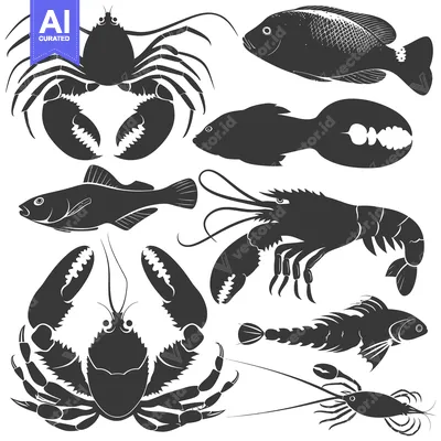 Aset desain premium: A Collection of Silhouettes Depicting Different Types of Seafood