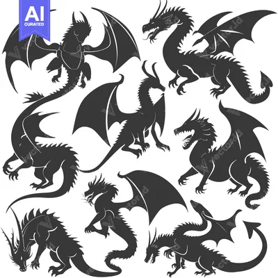 Aset desain premium: A Collection of Silhouettes Depicting Dragons in Various Poses