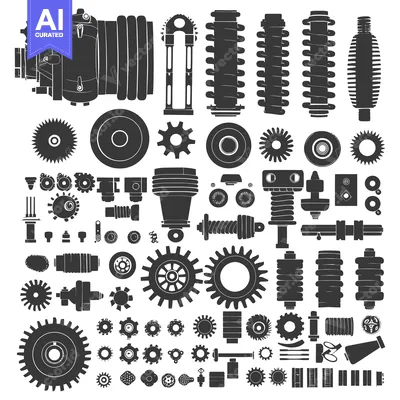 Aset desain premium: A Collection of Silhouettes Depicting Mechanical Components and Gears