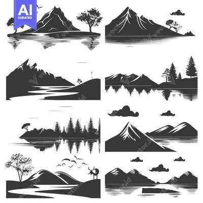 Premium design asset: A Collection of Silhouettes Depicting Mountainous Landscapes with Wate