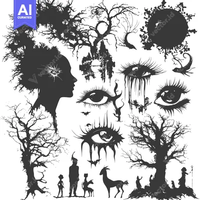 Aset desain premium: A Collection of Silhouettes Depicting Mystical Elements and Figures
