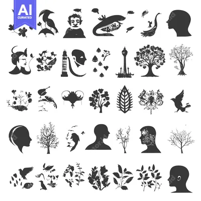 Aset desain premium: A Collection of Silhouettes Depicting Nature and Human Form