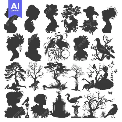 Premium design asset: A Collection of Silhouettes Depicting Nature, Women, and Birds