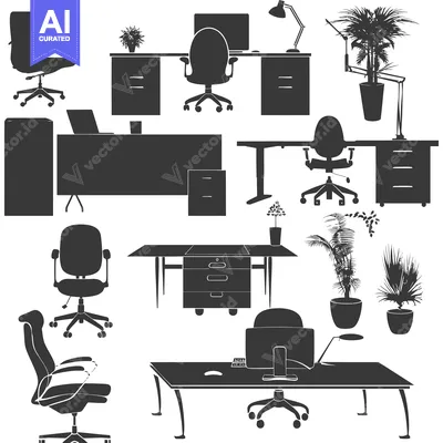 Aset desain premium: A Collection of Silhouettes Depicting Office Furniture and Plants