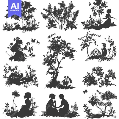 Popular premium asset: A Collection of Silhouettes Depicting People and Nature in a Garden Se