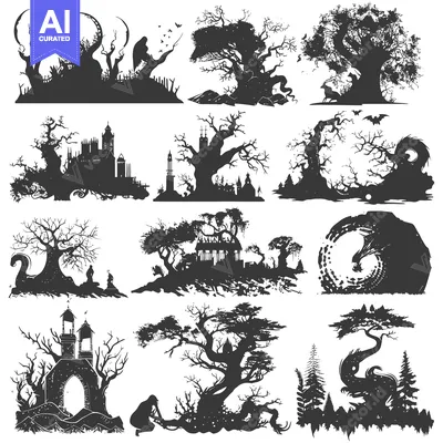 Aset desain premium: A Collection of Silhouettes Depicting Spooky and Fantasy Landscapes wi