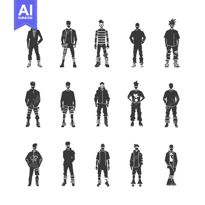 Aset desain premium: A Collection of Silhouettes Depicting Stylishly Dressed Men with Uniqu