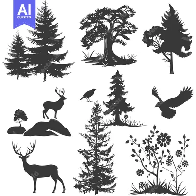 Aset premium populer: A Collection of Silhouettes Depicting Trees, Birds, and Deer