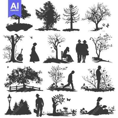 Aset desain premium: A Collection of Silhouettes Depicting Trees, People, and Nature