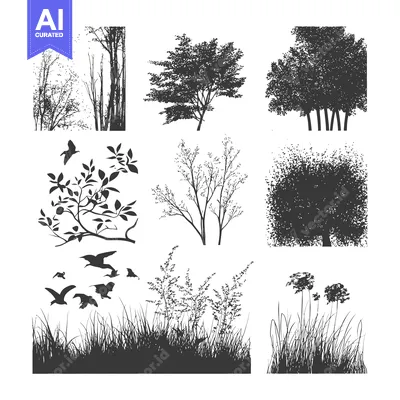 Aset premium populer: A Collection of Silhouettes Depicting Various Trees, Shrubs, Grass, an