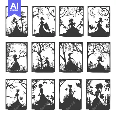 Aset premium populer: A Collection of Silhouettes Depicting Women in Forest Settings