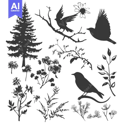 Aset premium populer: A Collection of Silhouettes of Birds, Trees, and Flowers