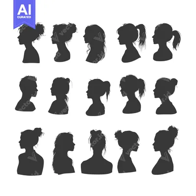 Aset premium populer: A Collection of Silhouettes of Female Faces with Various Hairstyles
