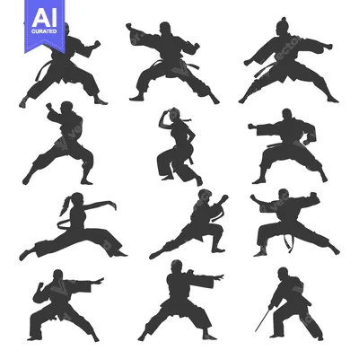 Aset premium populer: A Collection of Silhouettes of Martial Artists in Various Fighting Pos