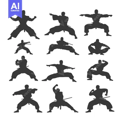 Aset premium populer: A Collection of Silhouettes of Martial Artists in Various Fighting Sta