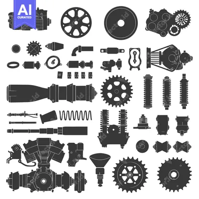 Aset premium populer: A Collection of Silhouettes of Various Engine Parts