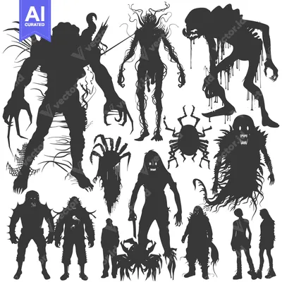 Aset desain premium: A Collection of Silhouettes of Various Monstrous Figures