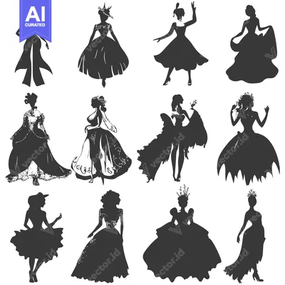 Aset premium populer: A Collection of Silhouettes of Women in Elegant Dresses