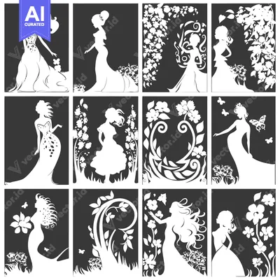 Aset desain premium: A Collection of Silhouettes of Women with Floral Accents