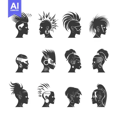 Aset desain premium: A Collection of Silhouettes of Women with Unique Hairstyles and Jewelr