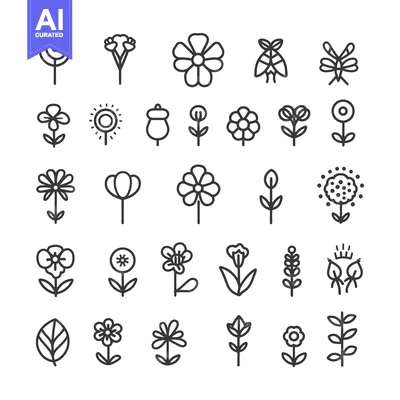 Aset desain premium: A Collection of Simple Flower and Plant Line Icons