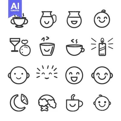 Aset premium populer: A Collection of Simple Line Drawings Depicting Happy Faces and Objects