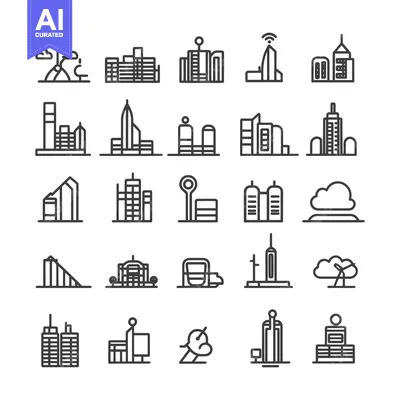 A Collection of Simple Line Drawings Depicting Various City Buildings