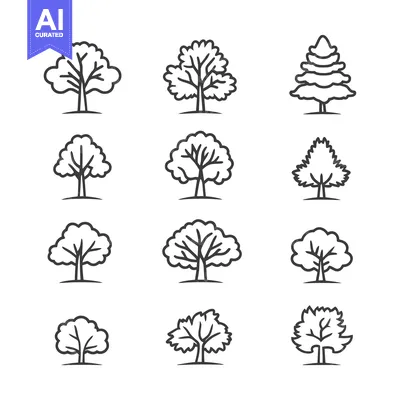 Aset premium populer: A Collection of Simple Line Drawings of Different Tree Species