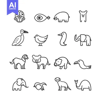 Aset premium populer: A Collection of Simple Line Drawings of Various Animals